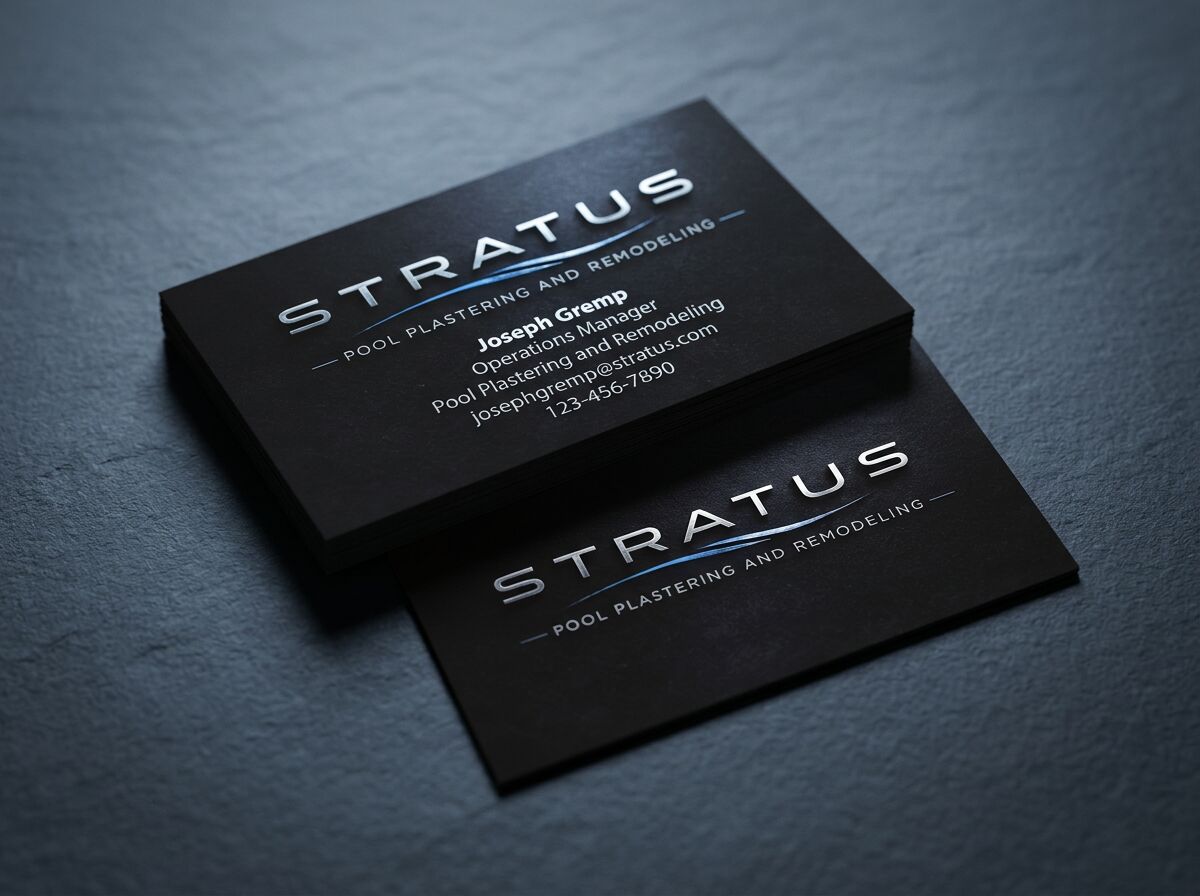 Black textured Stratus Pool Plastering business cards with a metallic logo on slate