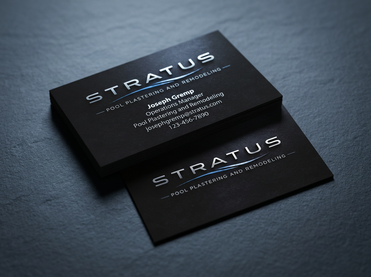 Black textured Stratus Pool Plastering business cards with a metallic logo on slate