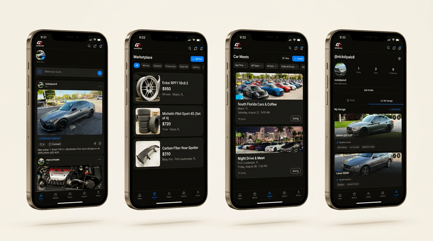 Three phone screens showing the GarageClub app interface