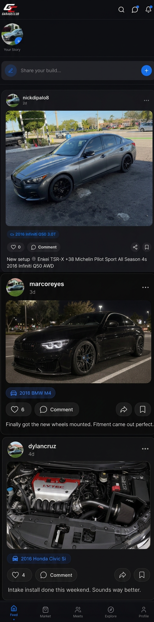 GarageClub home feed on an iPhone showing three car enthusiast posts