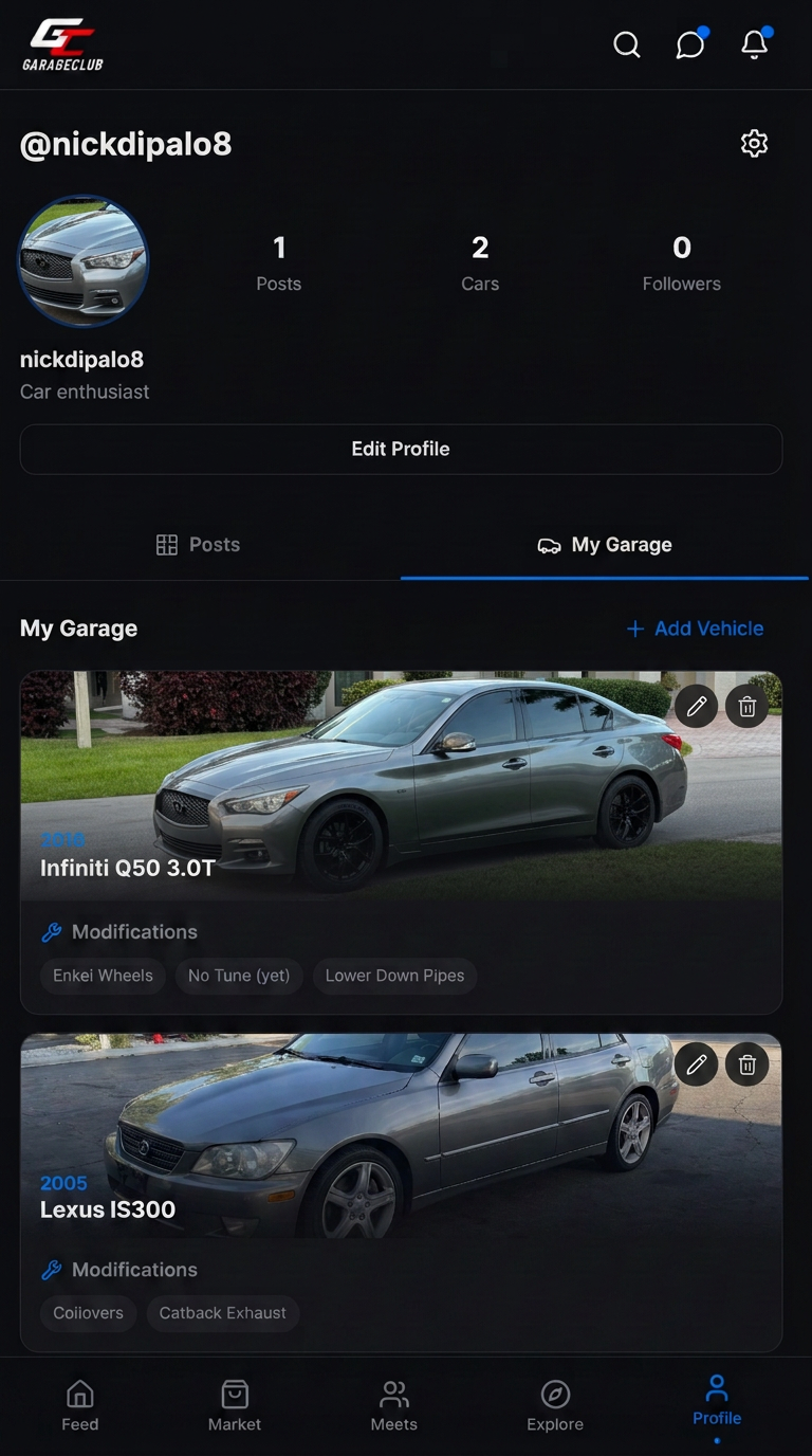 GarageClub profile on an iPhone showing a two-vehicle garage