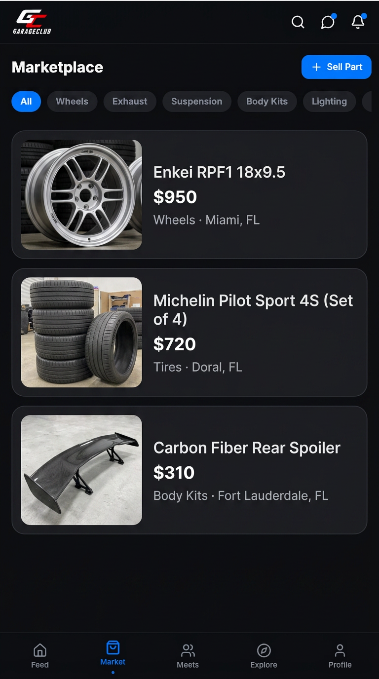 GarageClub marketplace on an iPhone showing wheels, tires and a spoiler listing