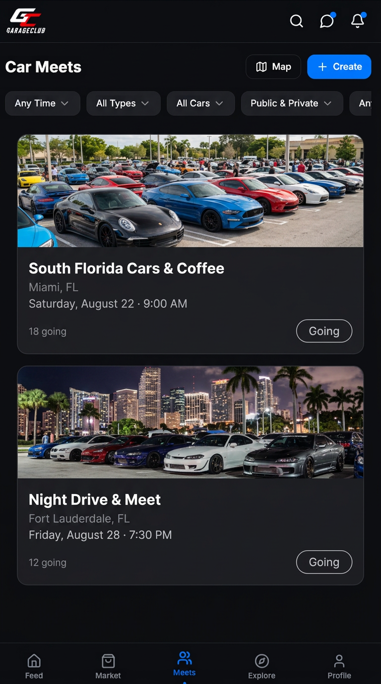 GarageClub meets screen on an iPhone showing two upcoming car meets