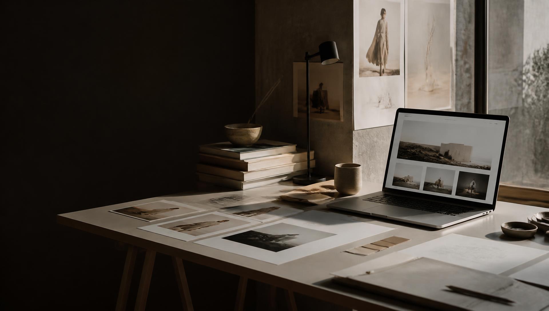 Studio desk with printed campaign proofs and a laptop showing a website design