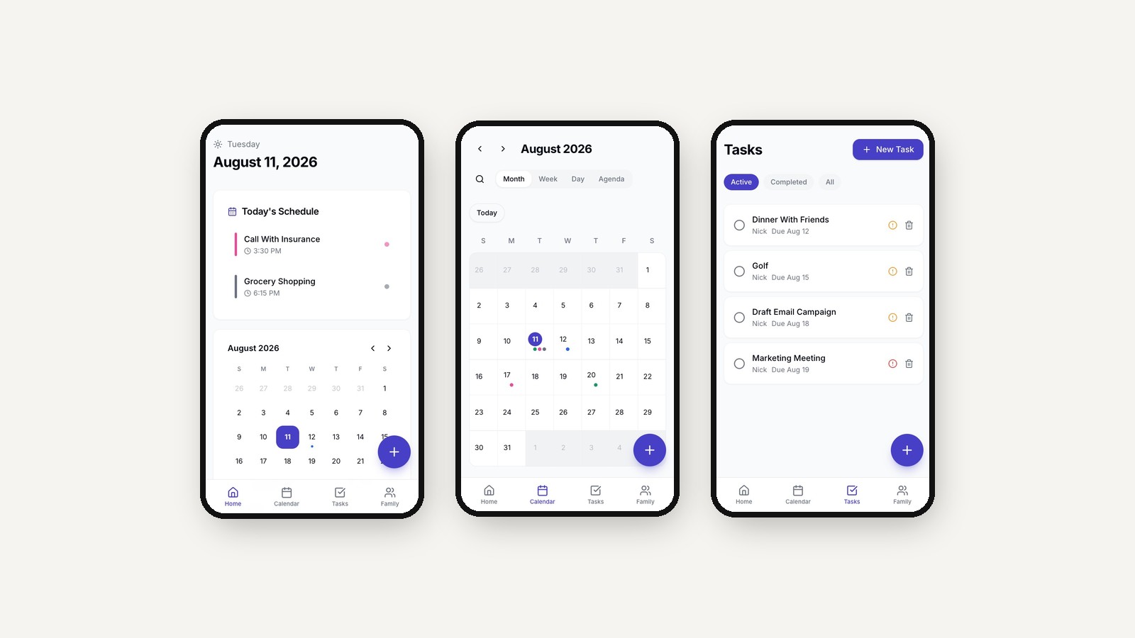 Three iPhone mockups showing the Kinetic calendar and task app