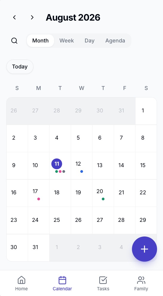 Kinetic month calendar on an iPhone showing August 2026 with event dots