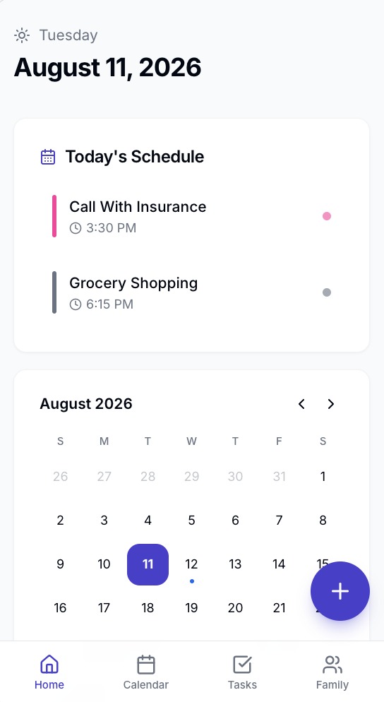 Kinetic daily planning screen on an iPhone showing today's schedule above the month calendar