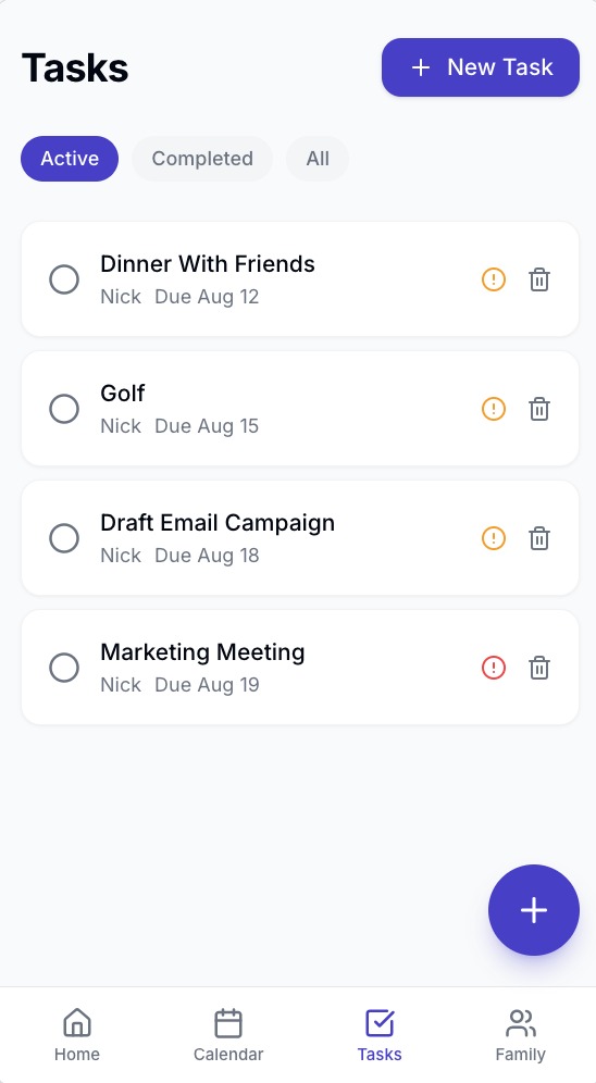 Kinetic tasks screen on an iPhone showing four active tasks with due dates