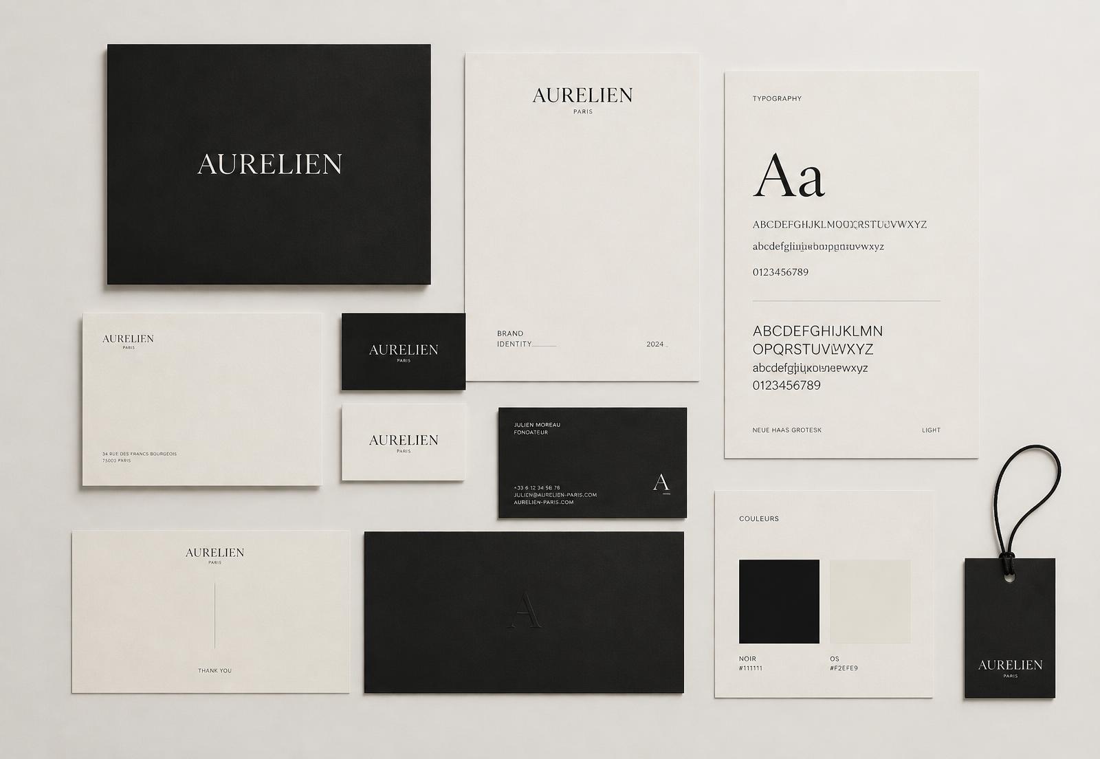 Minimal black and bone brand identity system laid out on a flat surface